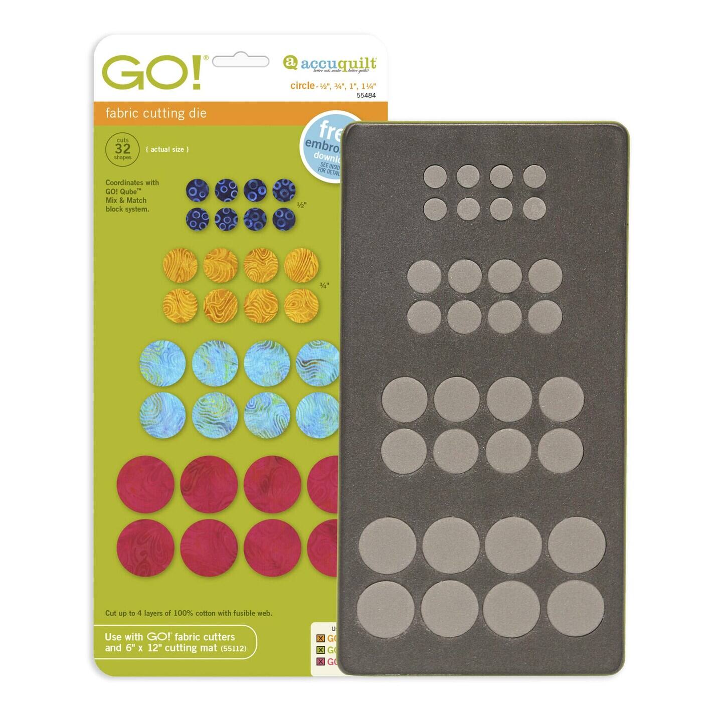GO! fabric cutting die - 32 - actual size - shape - Coordinates with GO! Cube Mix & Match block system. a accuquilt - circle W. N 1". 114 55484 - free embroidery download - Cut up to 4 layers of 100% cotton with fusible web. Use with GO! fabric cutters and 6" x 12" cutting mat (55112) .