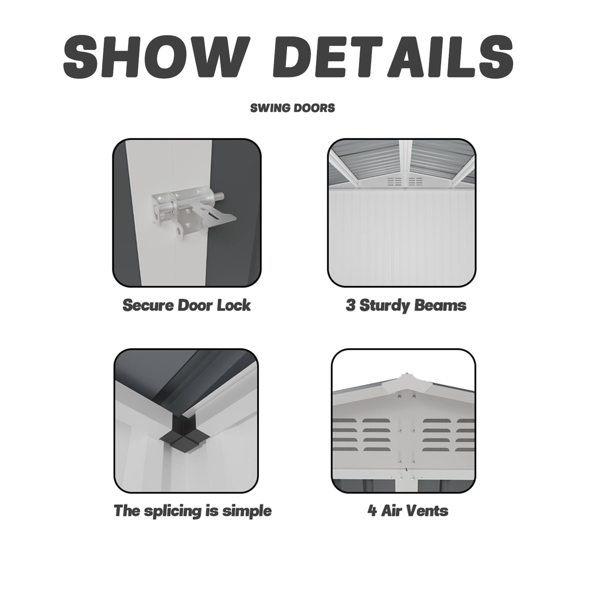 Alt View 2. TinyHomie - 10 x 8 FT White Color Outdoor Garden Shed Aluminum alloy frame With Hinge Door.