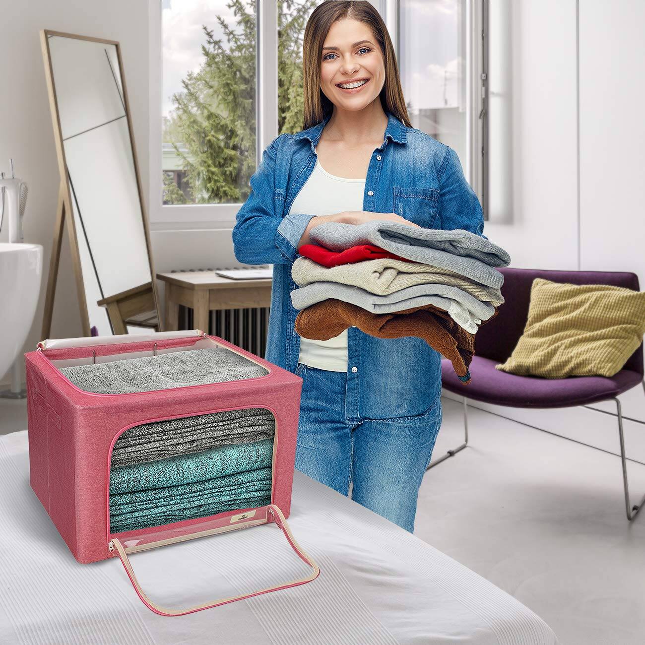 Alt View 4. Sorbus - Sorbus 1 Pack Storage Bins with Metal Frame, Foldable Clothes Organizer Bags, Fabric Containers with Window & Handle - Pink.