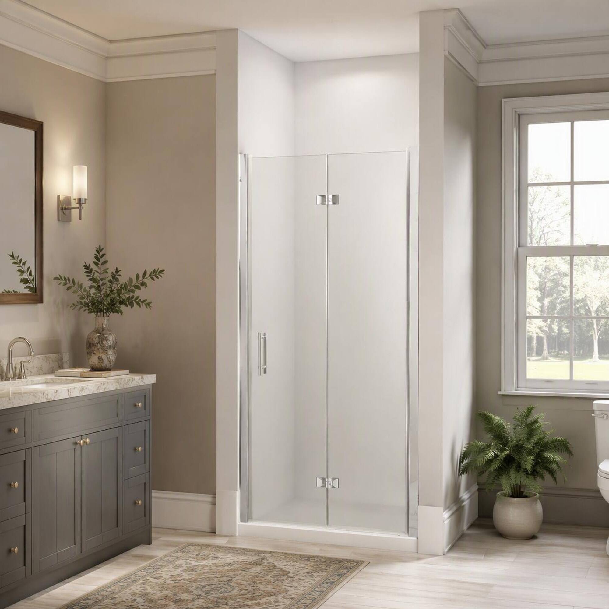 Angle. RYHNUYNE - 34-35 In X 72 In Bifold Shower Door, 1/4 In Clear Tempered Glass Chrome Finish - Brushed Nickel.