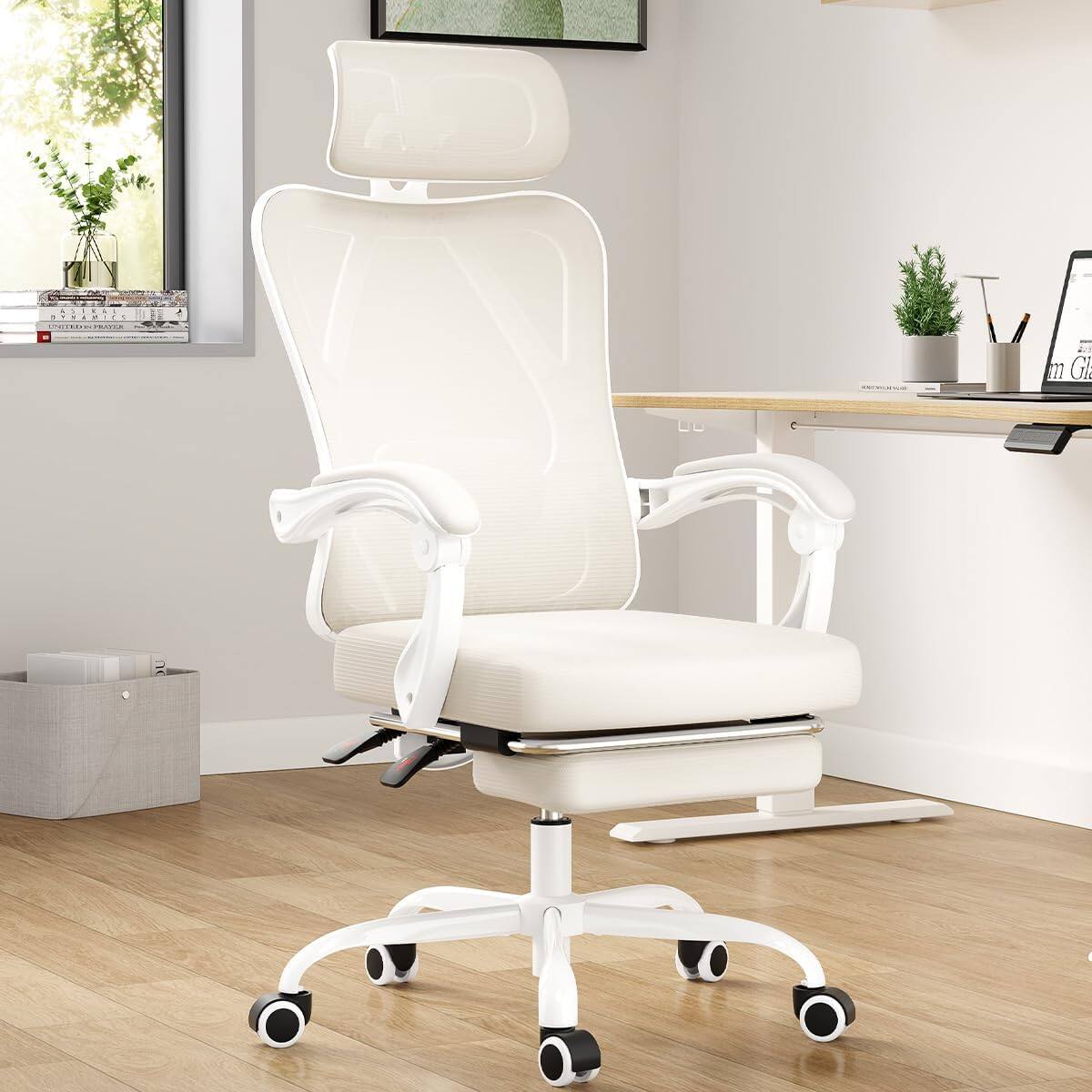 Front. PexFix - Ergonomic Office Chair with 135° Recline, Adjustable Headrest & Lumbar Support, 400 lb Capacity - White+Beige.
