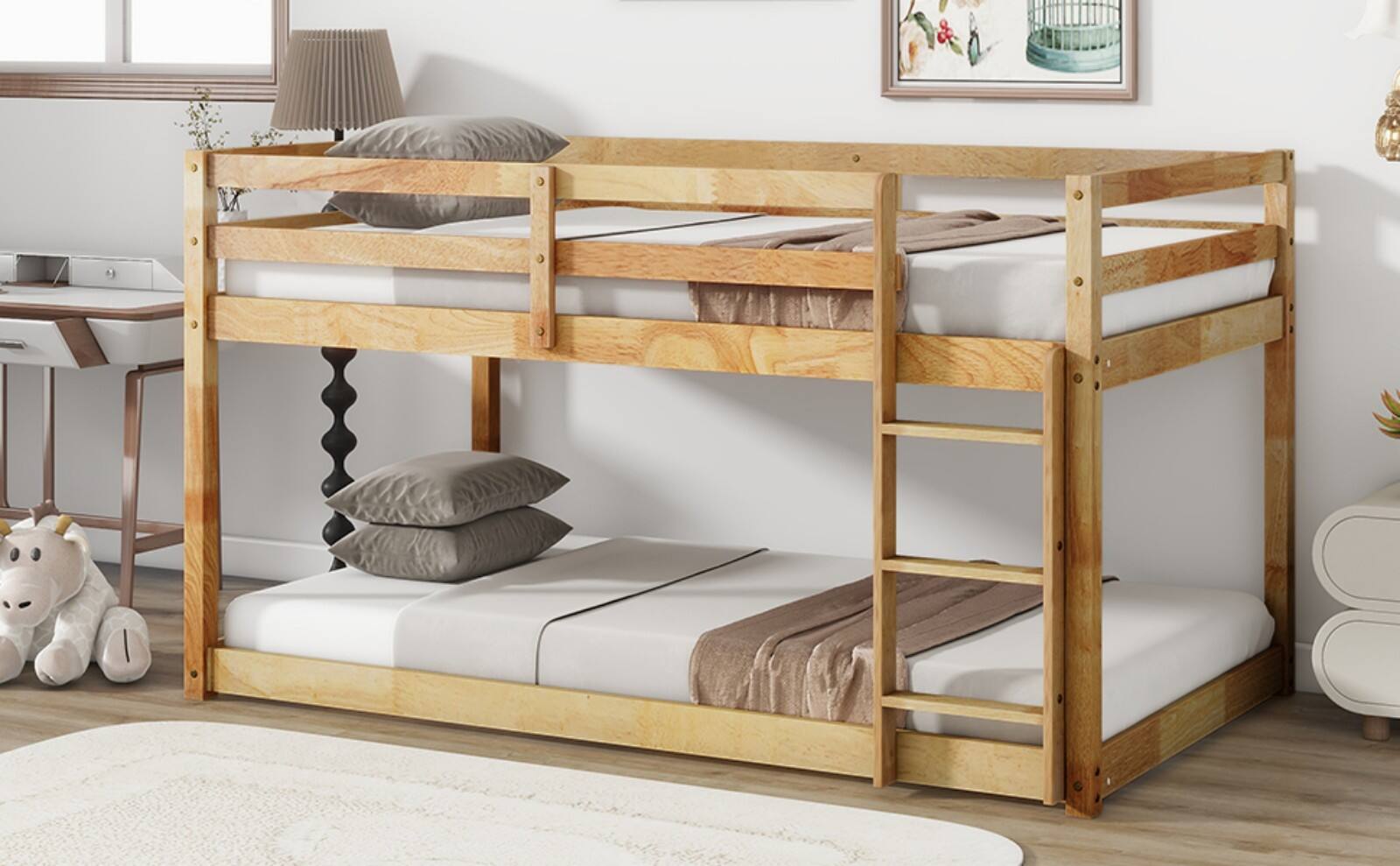 Alt View 7. Ecooso - Solid Wooden, Solid Rubber Wooden Twin over Twin Floor Bunk Bed with Ladder, with Bed Platform of Strengthened Slats - Natural.