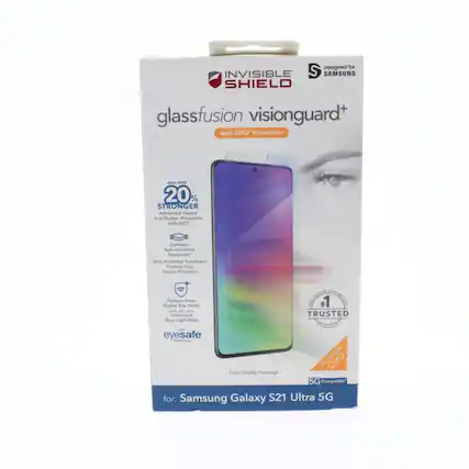 Designed for INVISIBLE SHIELD glassfusion visionguard+ with D30 Protection. Now over 20% stronger advanced impact and shatter protection with D30. Contains anti-microbial treatment and antimicrobial treatment. Protects your screen protector. Protects from digital eye strain enhanced blue light filter. TRUSTED - eyesafe. D30 case friendly coverage. 5G compatible for Samsung Galaxy S21 Ultra 5G.