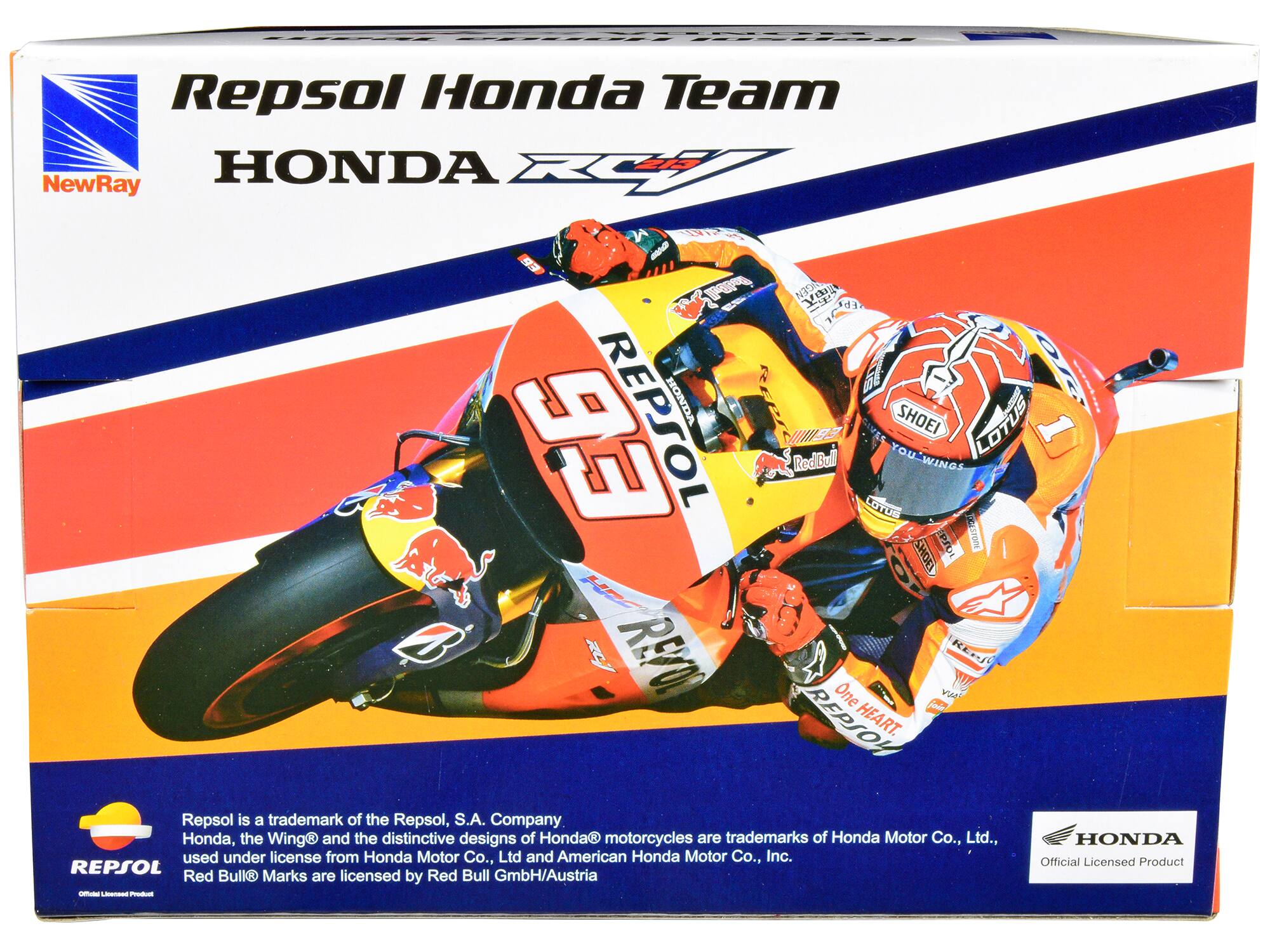Repsol Honda Team  
HONDA RC213V  

NewRay  

Repsol is a trademark of the Repsol, S.A. Company.  
Honda, the Wing® and the distinctive designs of Honda® motorcycles are trademarks of Honda Motor Co., Ltd., used under license from Honda Motor Co., Ltd. and American Honda Motor Co., Inc.  
Red Bull® Marks are licensed by Red Bull GmbH/Austria  

Official Licensed Product  

HONDA  
Official Licensed Product