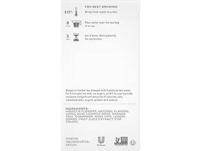 **FOR BEST BREWING**

1. Bring fresh water to a boil.
2. Pour water over the tea bag in a cup.
3. Let it brew. Wait patiently for perfection.

**Based on herbal tea brewed with freshly boiled water for 5 minutes in no milk, no sugar. An 8 fl oz cup typically contains insignificant amounts of calories, fats, carbohydrates, sugars, protein, and sodium.**

**INGREDIENTS:**
- HIBISCUS FLOWERS, NATURAL FLAVORS, CITRIC ACID, LICORICE ROOT, ORANGE PEEL, CINNAMON, ROSE HIPS, LEMON GRASS, FRUIT JUICE EXTRACT (OR COLOR).

**MADE IN USA**