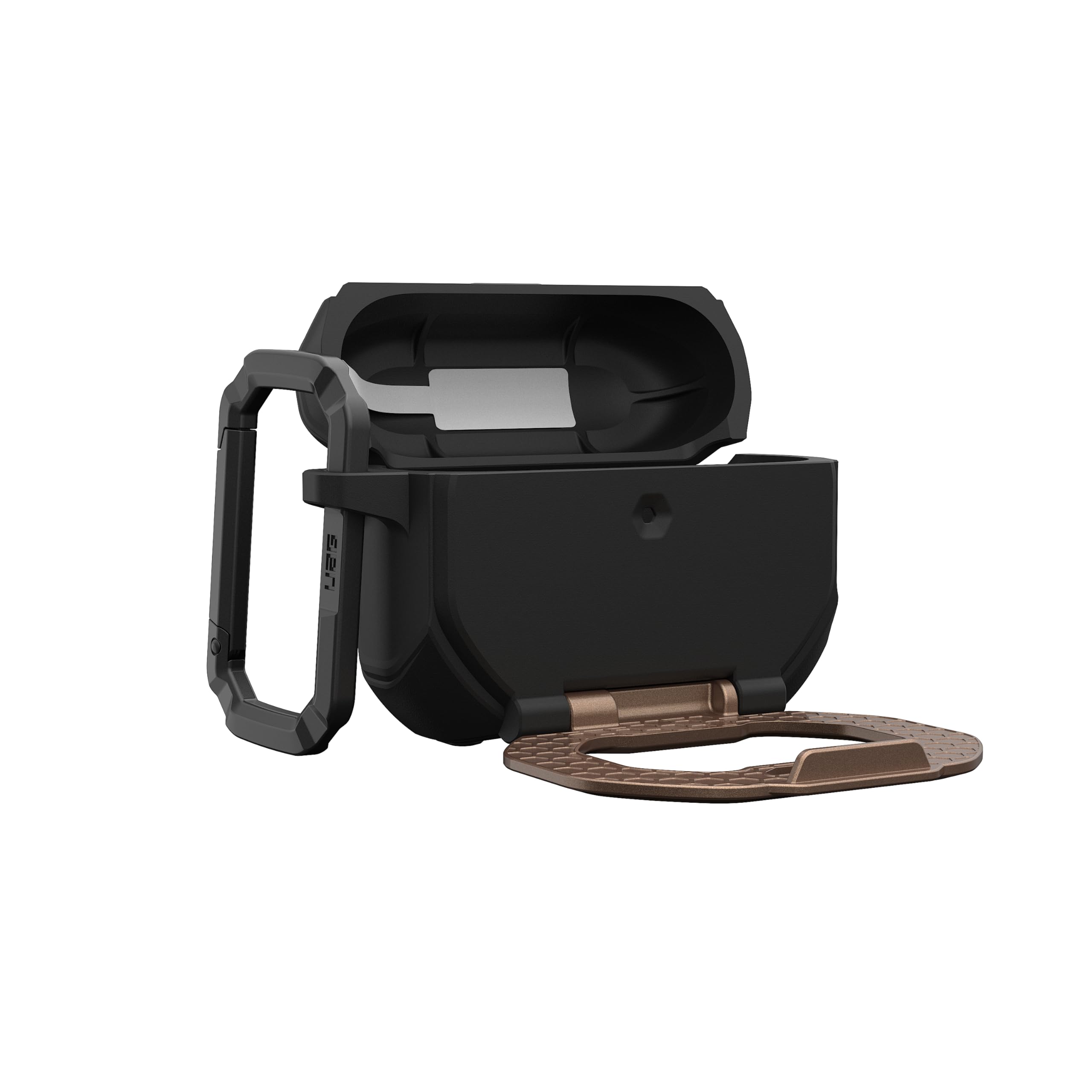 Alt View 7. UAG - AirPods Pro 3rd Gen Case w/ Built-in Phone Stand & Detachable Carabiner Clip, Rugged Protective Cover, Monarch - Black/Aged Bronze.