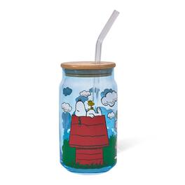 Silver Buffalo - Peanuts Gang Snoopy and Friends 16-Ounce Glass Tumbler With Bamboo Lid and Glass Straw - Blue