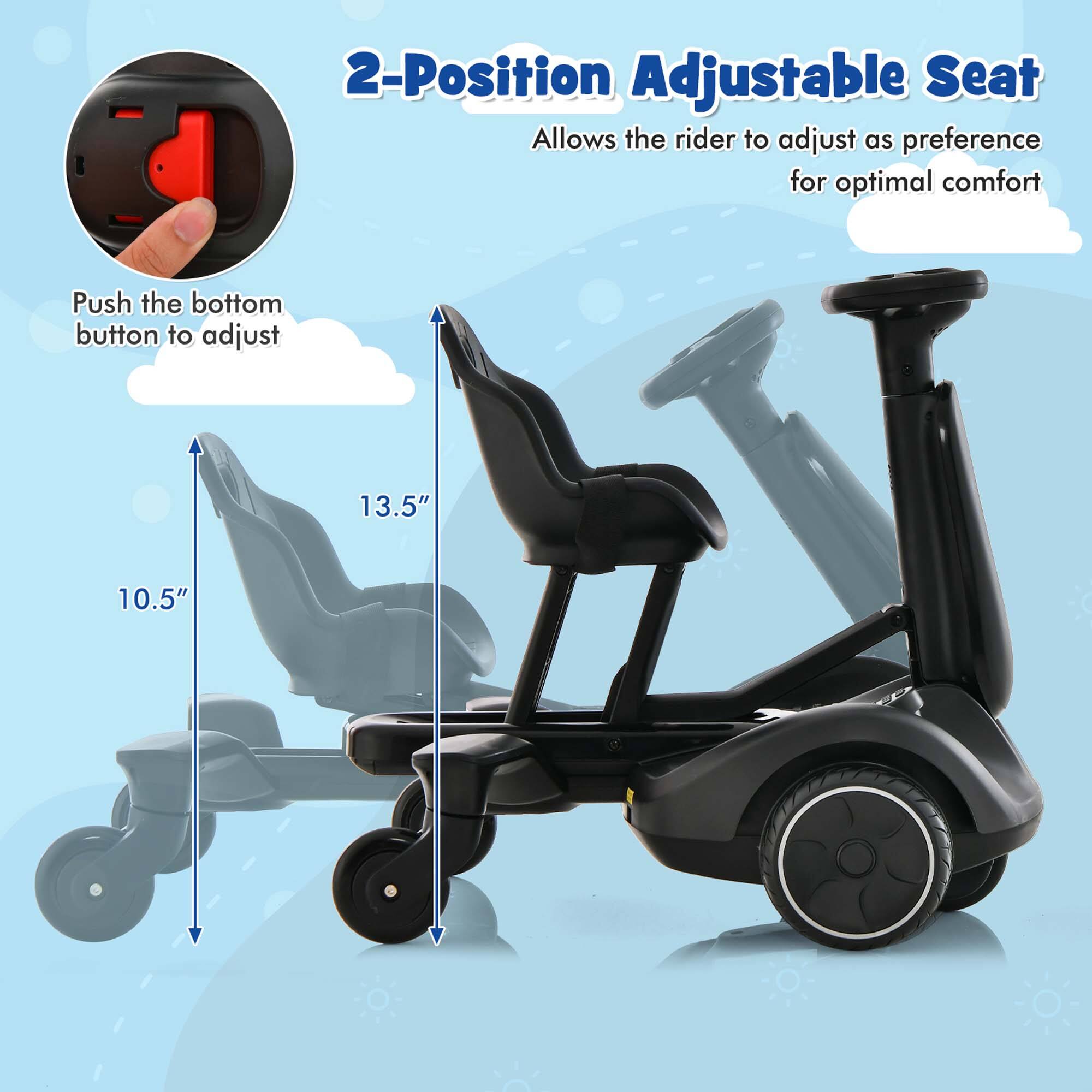 2-Position Adjustable Seat  
Allows the rider to adjust as preference for optimal comfort  
Push the bottom button to adjust  
13.5"  
10.5"