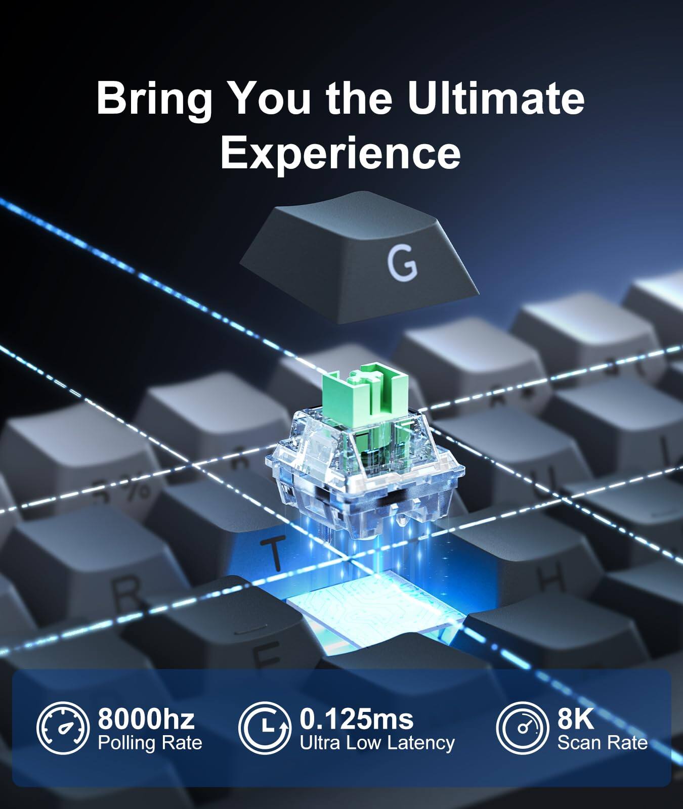 Bring You the Ultimate Experience

- 8000hz Polling Rate
- 0.125ms Ultra Low Latency
- 8K Scan Rate