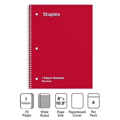 Staples  
1 Subject Notebook  
Wide Ruled  
8" x 10.5"  
70 Pages  
Paperboard Cover  
6 Per Pack
