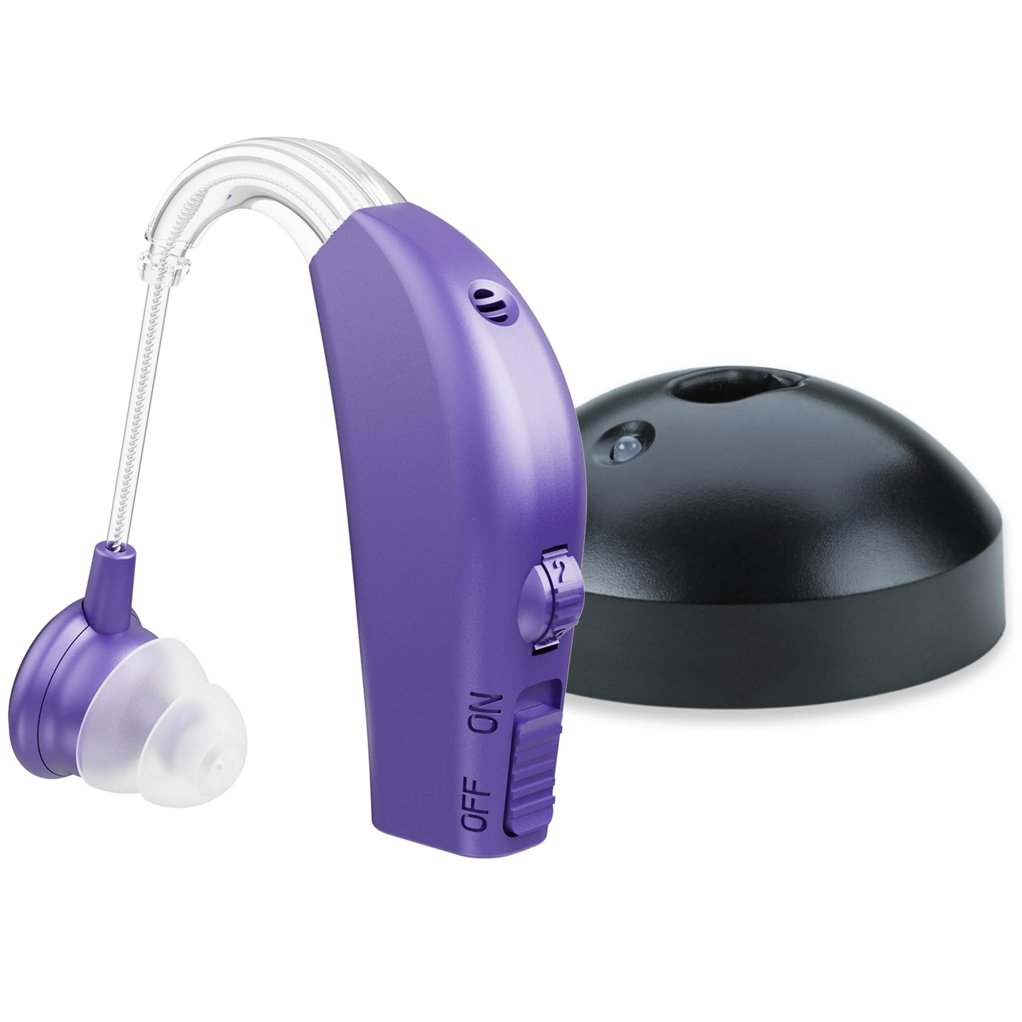 MEDca - Digital Hearing Aid Amplifier Set – Rechargeable BTE Personal Sound Device for Seniors (Single Unit - Purple