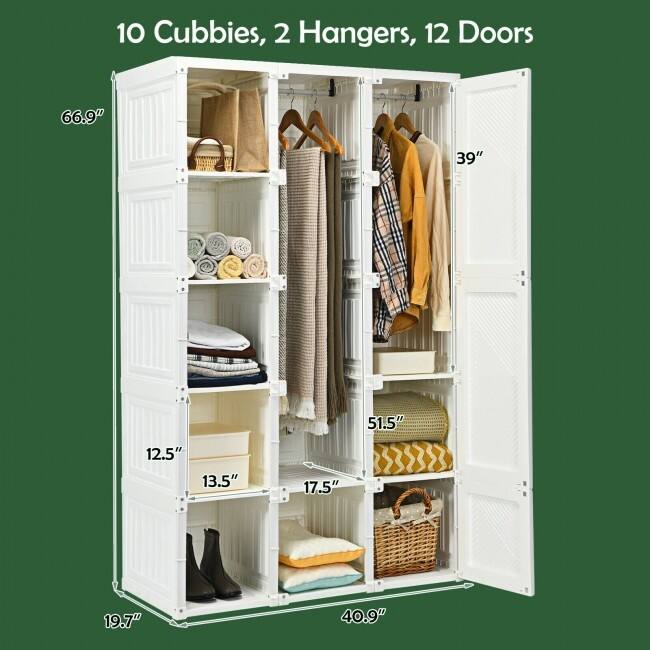 10 Cubbies, 2 Hangers, 12 Doors

66.9" (Height)
39" (Width)
51.5" (Depth)
12.5" (Shelf Depth)
13.5" (Shelf Depth)
17.5" (Shelf Depth)
19.7" (Base Depth)
40.9" (Base Width)