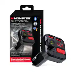 MONSTER BLUETOOTH FM TRANSMITTER With 3.4A USB Charging Supports Siri* & Google virtual assistant Bass Boost for enhanced audio performance Hands-free talking Stream Audio Wirelessly To Your FM Car Stereo