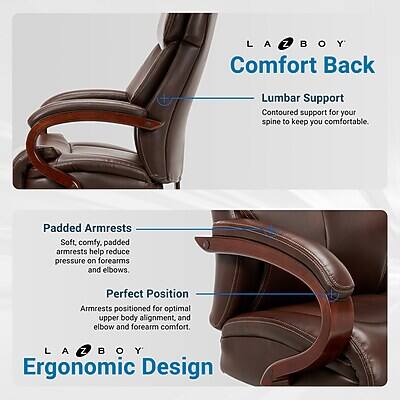 LA-Z-BOY Comfort Back  
Lumbar Support  
- Contoured support for your spine to keep you comfortable.

Padded Armrests  
- Soft, comfy, padded armrests help reduce pressure on forearms and elbows.

Perfect Position  
- Armrests positioned for optimal upper body alignment, and elbow and forearm comfort.

LA-Z-BOY Ergonomic Design