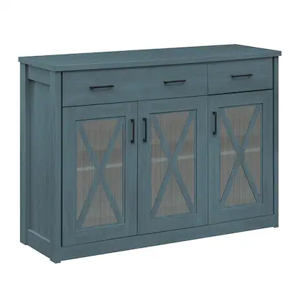 Front. Costway - Costway Farmhouse Buffet Sideboard with 2 Drawers Fluted Barn Doors for Kitchen Dining Room - Turquoise.