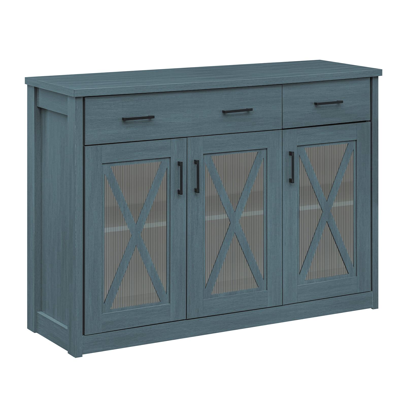 Costway - Farmhouse Buffet Sideboard with 2 Drawers Fluted Barn Doors for Kitchen Dining Room - Turquoise