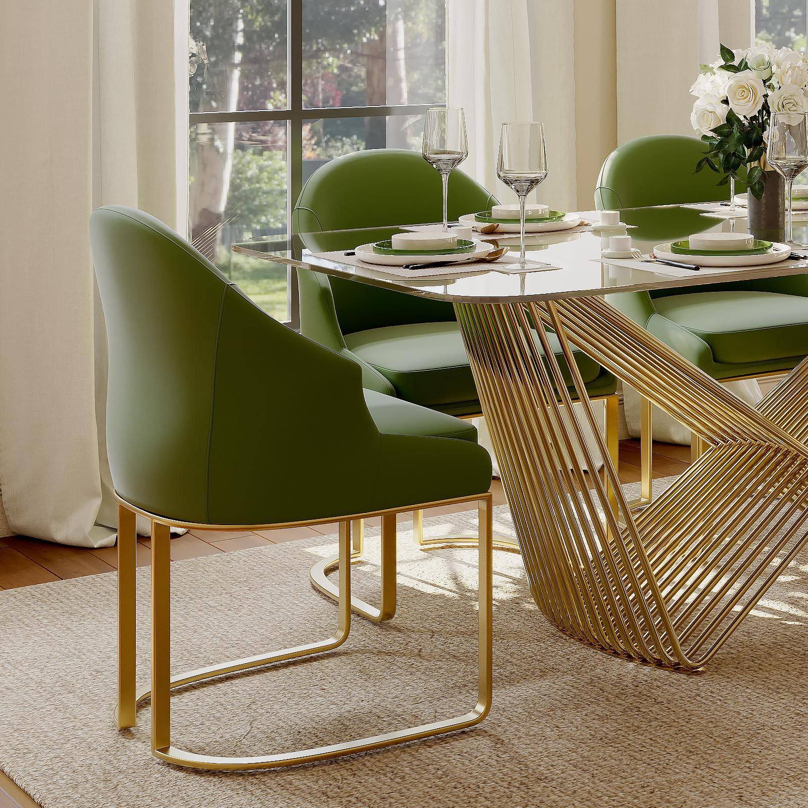 Alt View 1. POVISON - Modern Luxury Upholstered Green Dining Chairs Set of 2, Boucle Dining Chairs, Low Back Dining Chairs with Gold Legs - Green PU Leather.