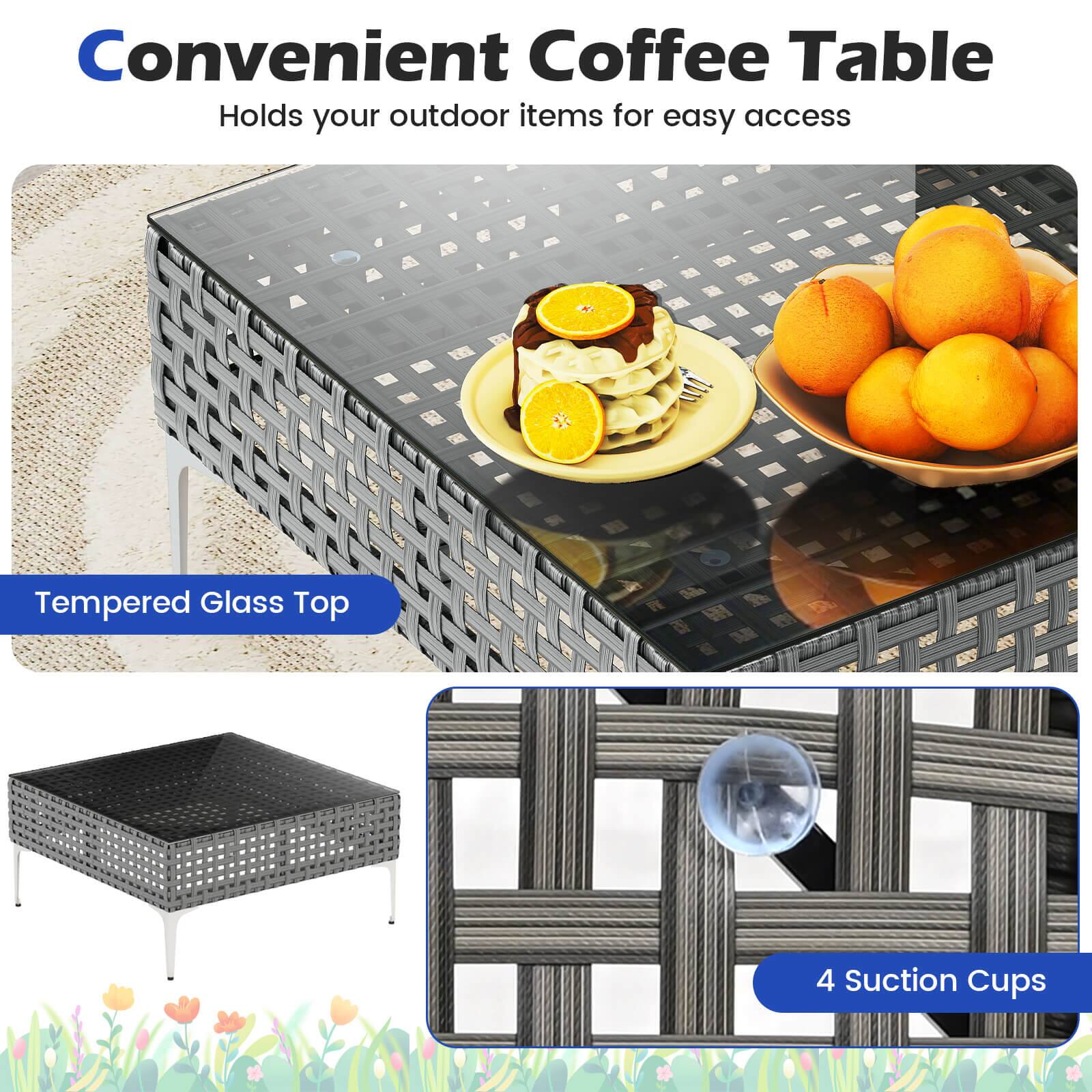 Convenient Coffee Table, Holds your outdoor items for easy access, Tempered Glass Top, 4 Suction Cups
