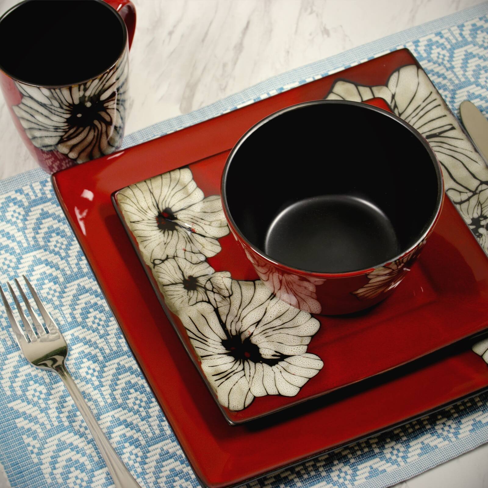 Alt View 7. Elama - Elama Winter Bloom 16 Piece Square Stoneware Dinnerware Set - Red.