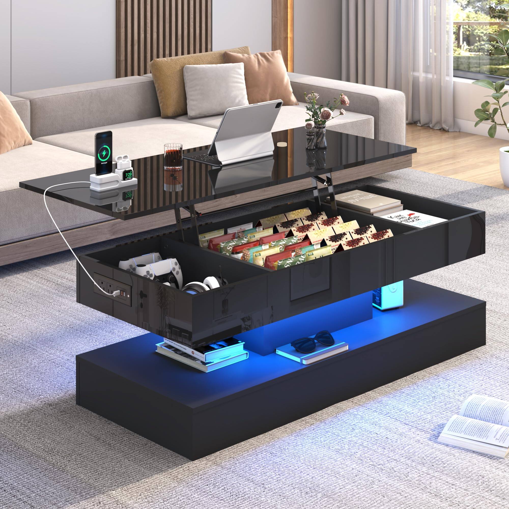 Back. Lent Glitter Wood - 47.2" Lift Top Coffee Table with LED Lights & Storage​ High gloss finish App-controlled lighting Multi-room use - Black.