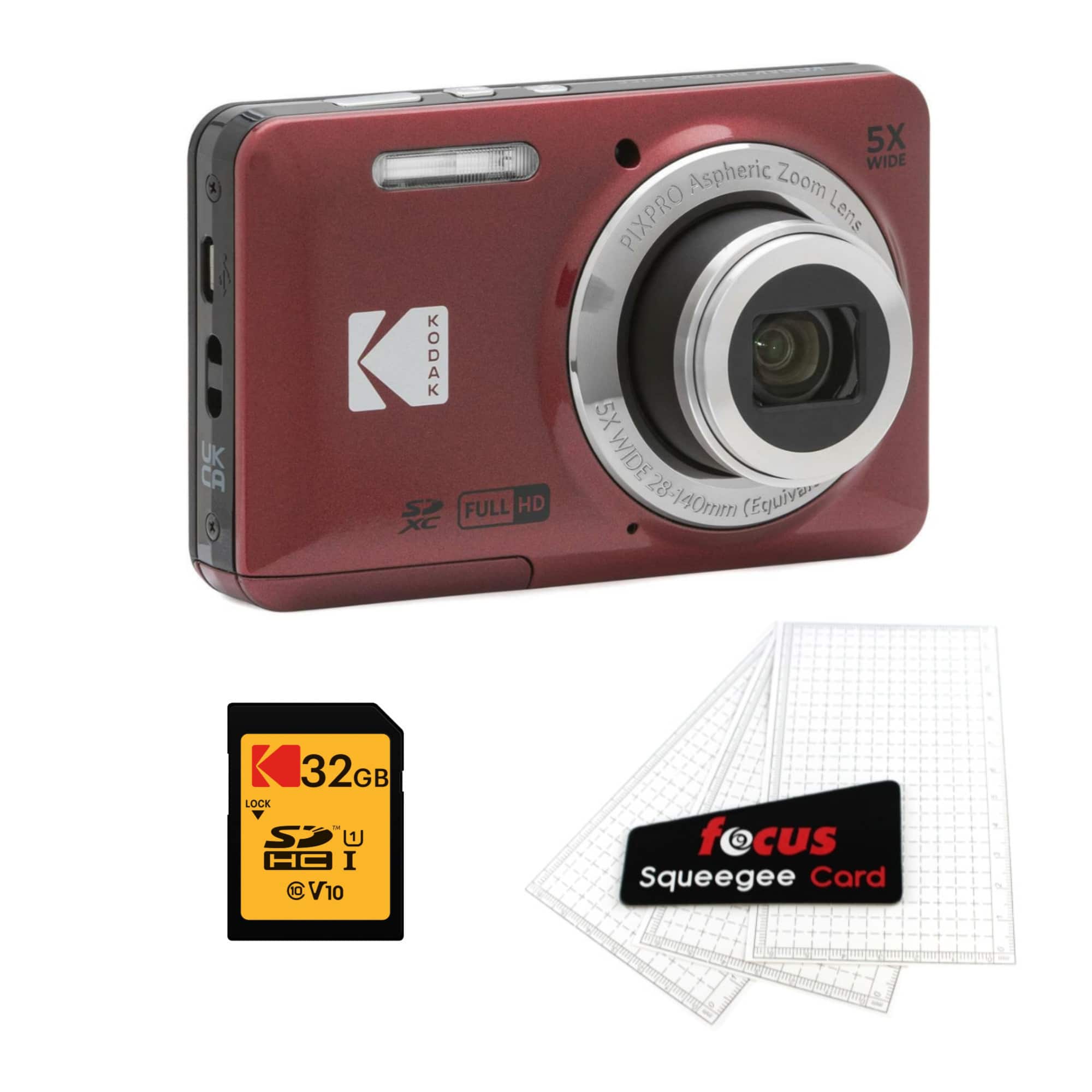 The image features a Kodak S2 Full HD camera with a wide-angle lens. The camera is red and silver in color. It is accompanied by a 32GB SD card and a focus Squeegee card. The camera is designed for capturing high-quality images and videos, making it a popular choice for photography enthusiasts.
