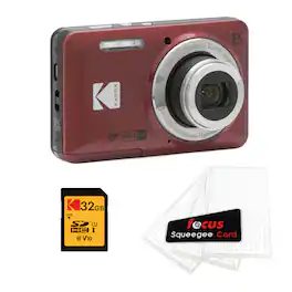 Kodak - PIXPRO Friendly Zoom FZ55 Digital Camera with 32GB SD Card and Digital Camera LCD Screen Protectors bundle - Red