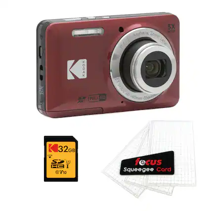 The image features a Kodak S2 Full HD camera with a wide-angle lens. The camera is red and silver in color. It is accompanied by a 32GB SD card and a focus Squeegee card. The camera is designed for capturing high-quality images and videos, making it a popular choice for photography enthusiasts.