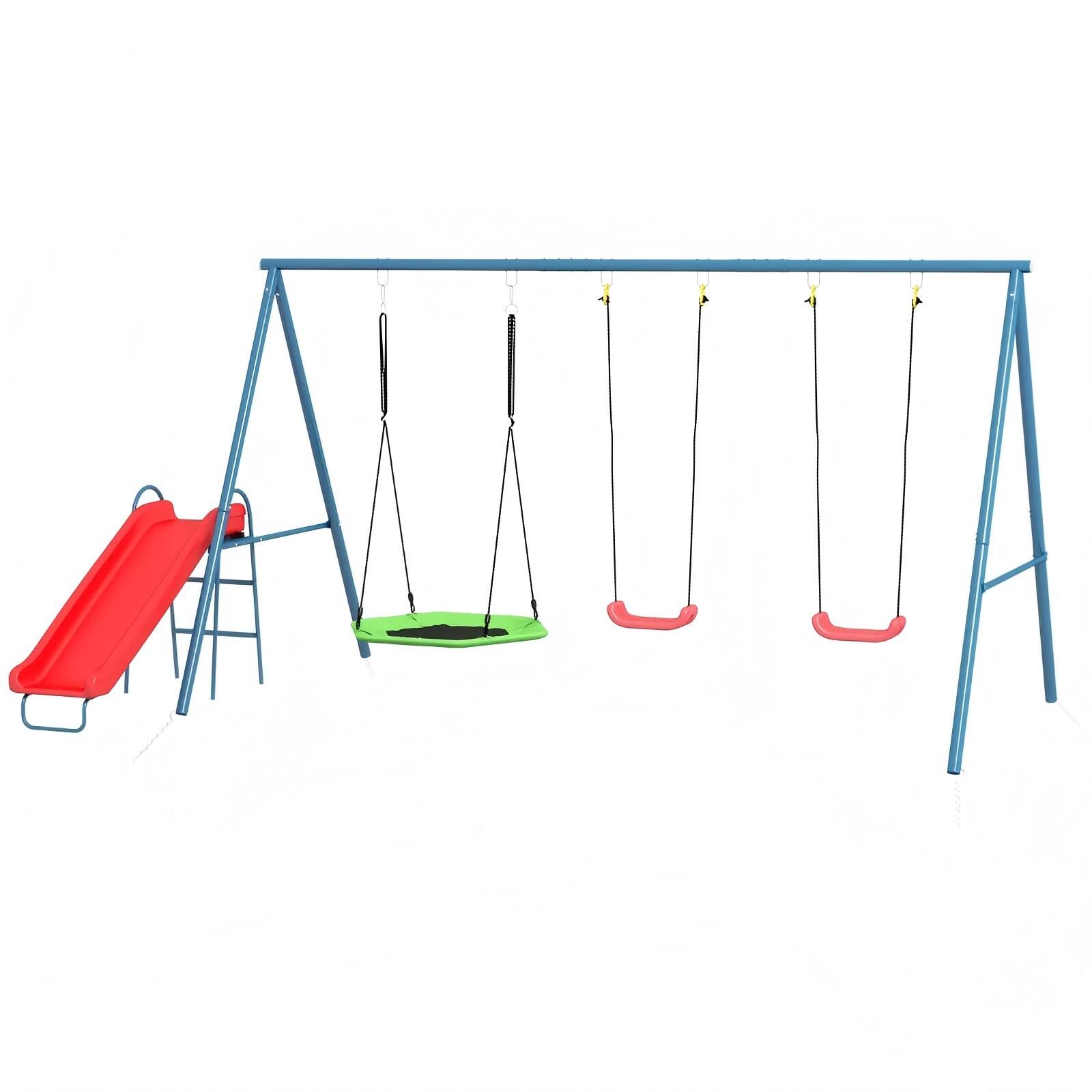 Alt View 4. Siljoy - 3‑in‑1 Metal Swing Set with Nest Swing, Slide, 2 Seats, 352lb Capacity, for Backyard, Ages 3‑8 - Dark Blue,Green,Red.