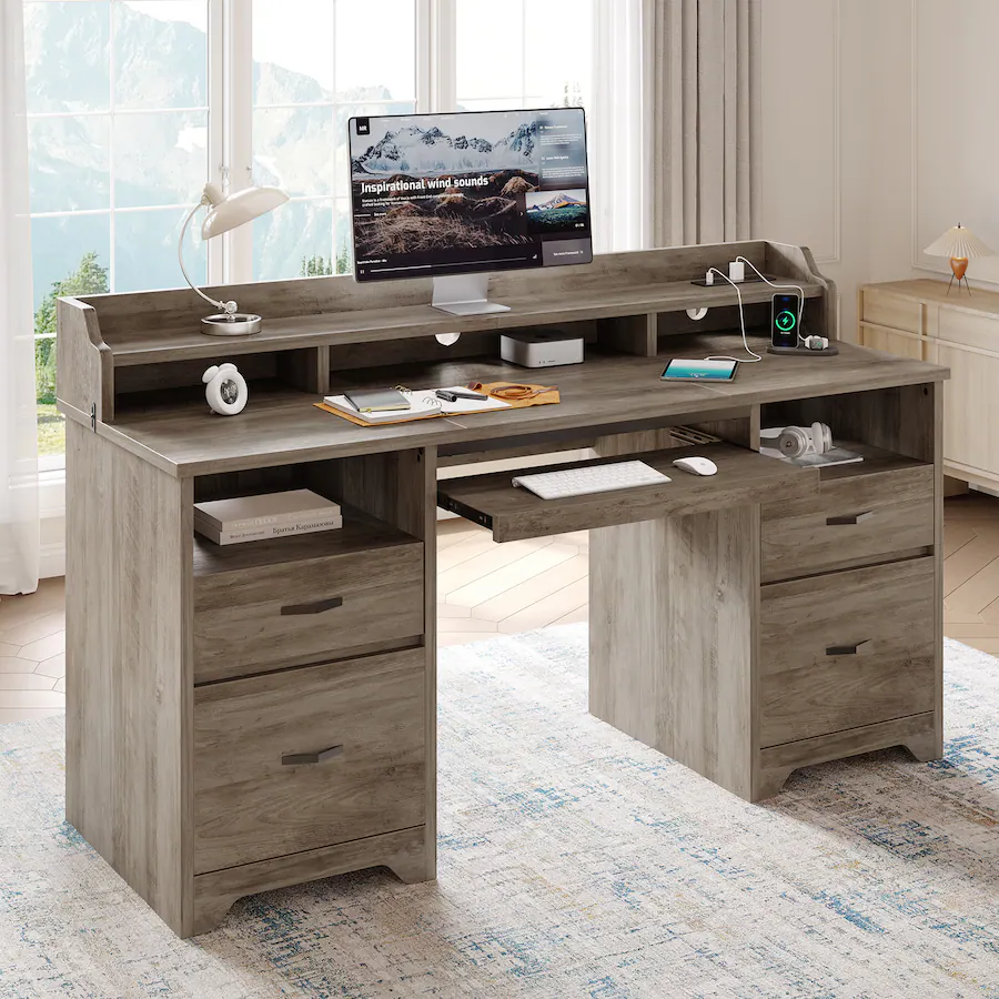 Bestier 59" Computer Desk with Charging Station, Lockable Drawers ...