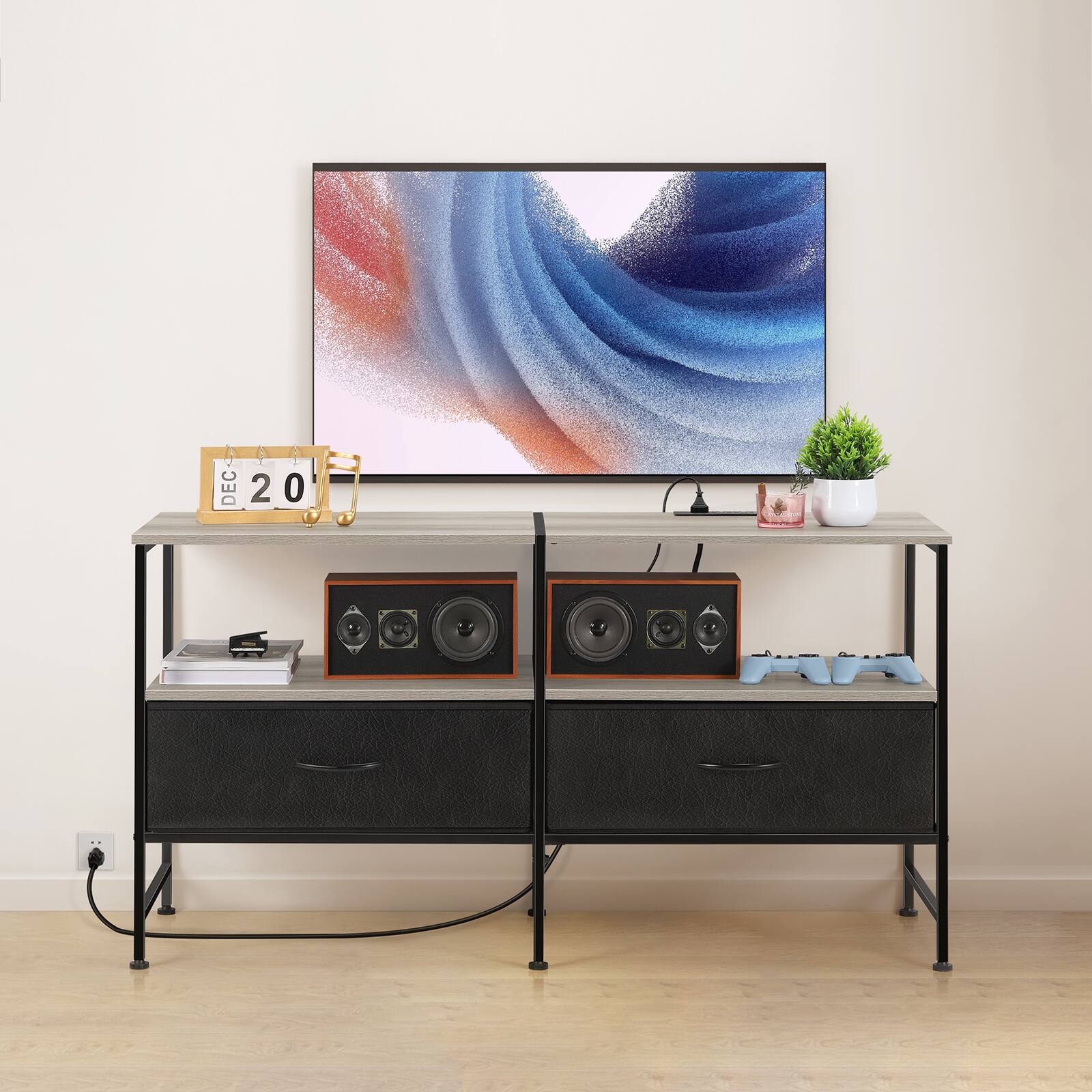 Front. Oumilen - 47"TV Stand with Power Outlets, Industrial Entertainment Center with Fabric Drawers for TVs up to 50",Grey - Grey.