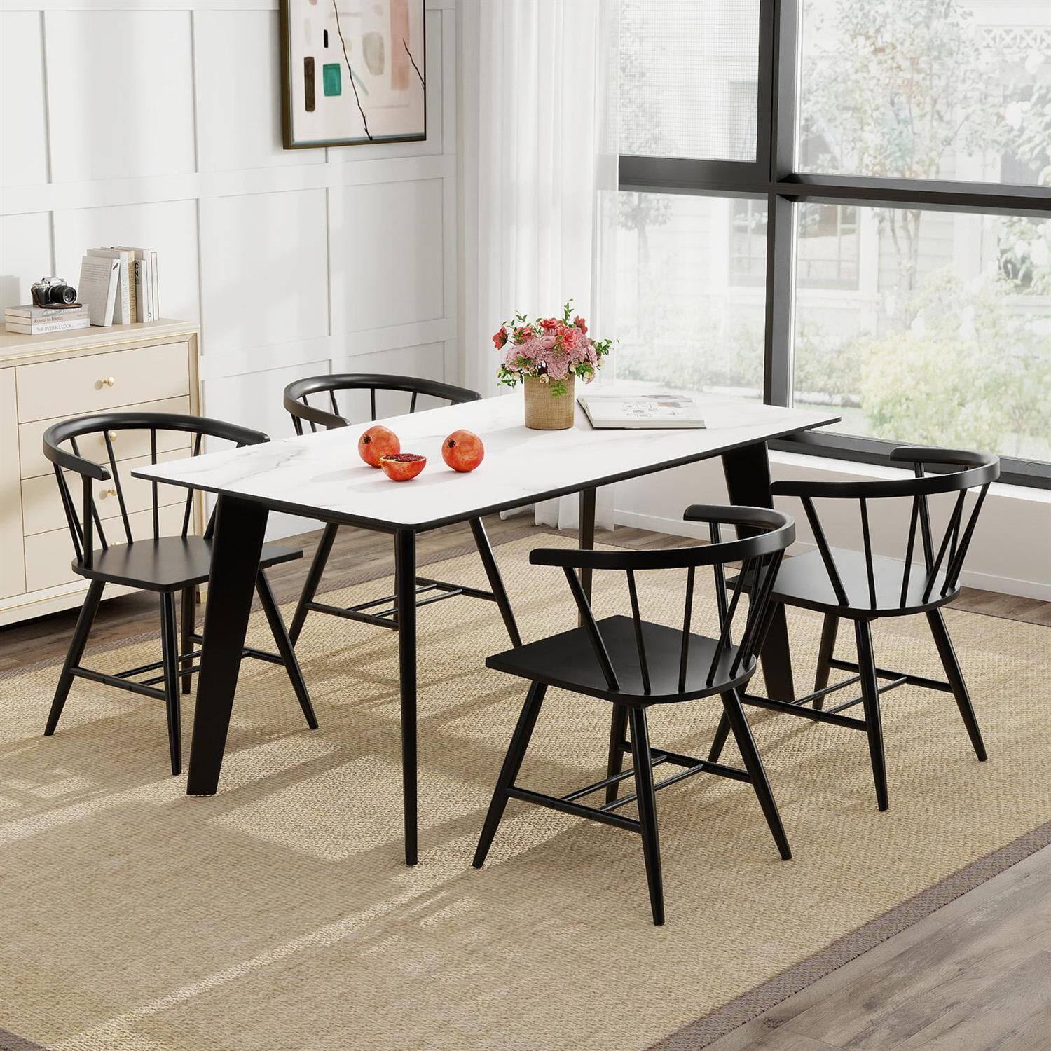 Angle. Pefilos - Set of 2 Windsor Dining Chairs,Rubber Wood Spindle Back,H-Crossbars,Black - Black.