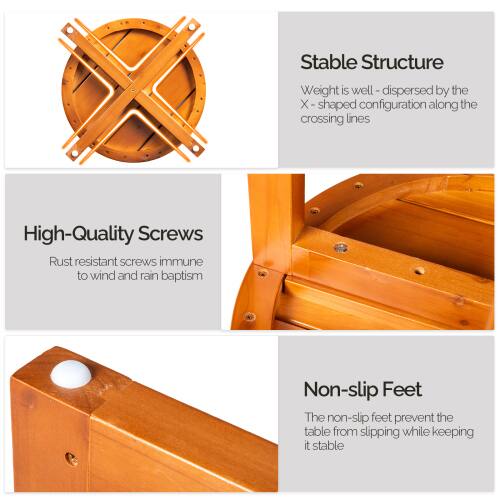 - **High-Quality Screws**: Rust-resistant screws immune to wind and rain baptism.

- **Stable Structure**: Weight is well-dispersed by the X-shaped configuration along the crossing lines.

- **Non-slip Feet**: The non-slip feet prevent the table from slipping while keeping it stable.