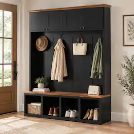 RYHNUYNE - VIBE HAUS 59 in Hall Tree with Bench, 4 Cabinets and 4 Open Compartments, 4 Hooks, Farmhouse Style - Black
