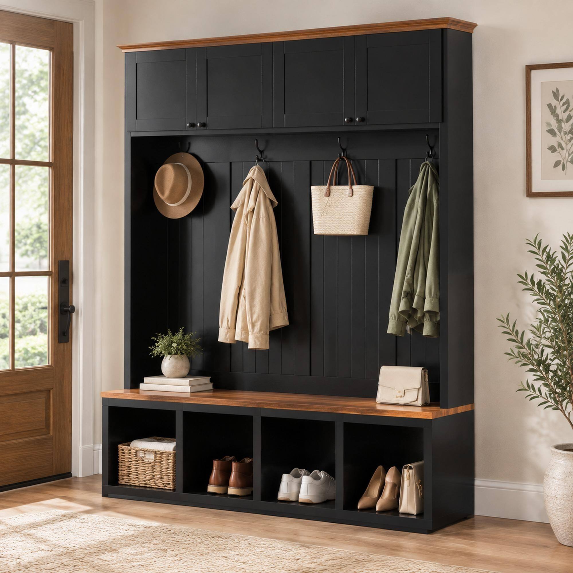 Front. RYHNUYNE - VIBE HAUS 59 in Hall Tree with Bench, 4 Cabinets and 4 Open Compartments, 4 Hooks, Farmhouse Style - Black.