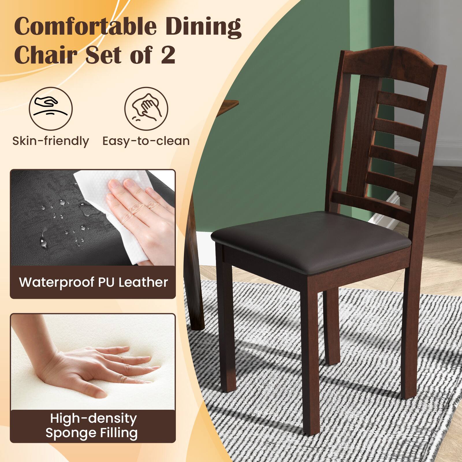 Comfortable Dining Chair Set of 2 Skin-friendly Easy-to-clean Waterproof PU Leather High-density Sponge Filling