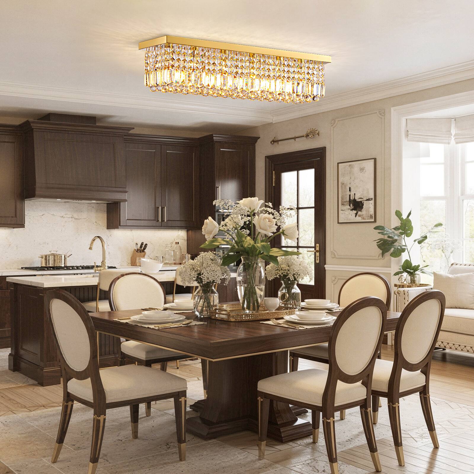 Back. Siljoy - 31.5" 6-Light Gold Linear K9 Crystal Chandelier, Flush Mount Dimmable E12 Ceiling Light for Dining Kitchen Living Room - Gold.