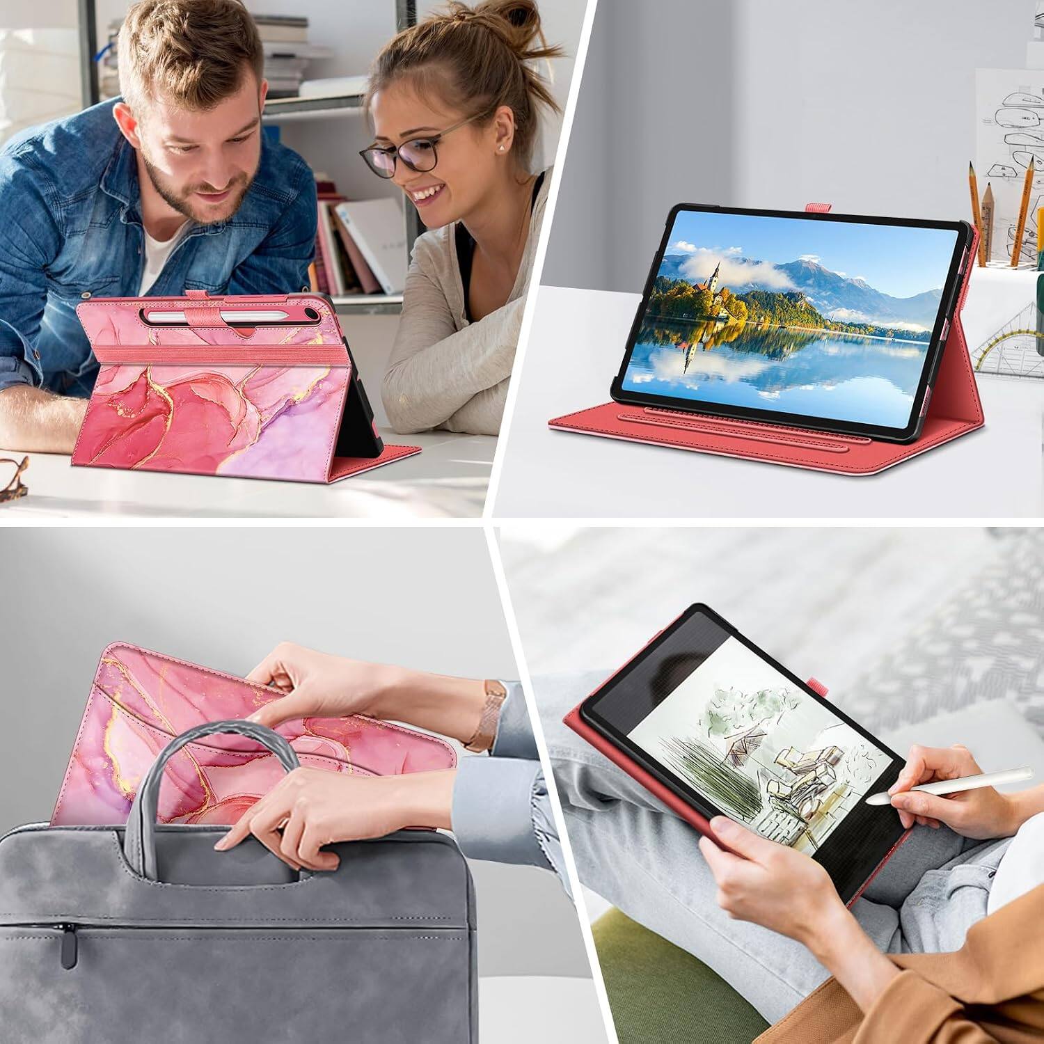 Alt View 3. Fintie - Multi-Angle Case for Samsung Galaxy Tab S10 Lite/ Tab S10 FE/ Tab S9 FE/ Tab S9, With Front Card Pocket, Auto Wake/Sleep - Marble Pink.