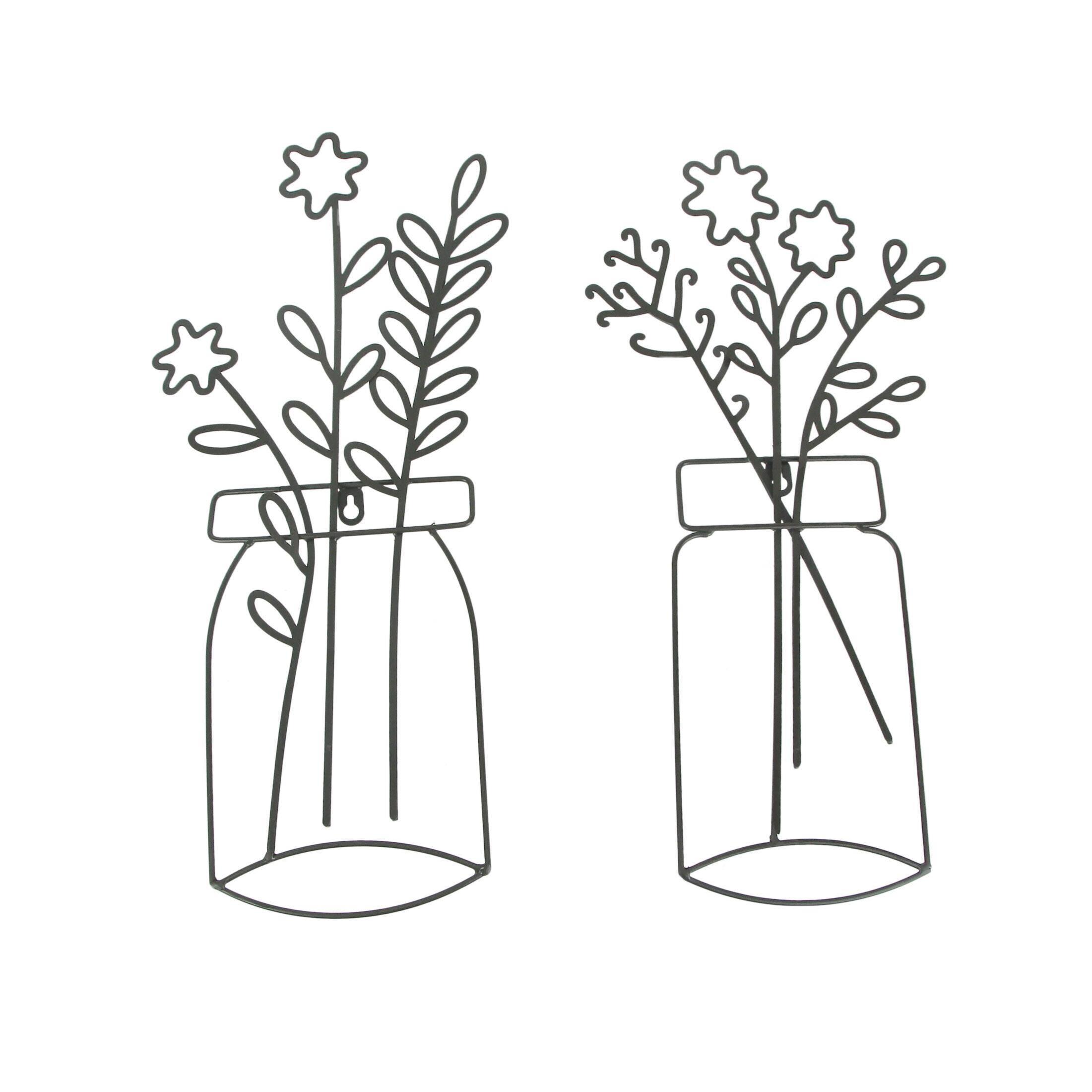 Front. Special T Imports - 20 Inch Wire Metal Flower Sculpture Wall Hanging Art Home Decor Plaques Set of 2 - Black.