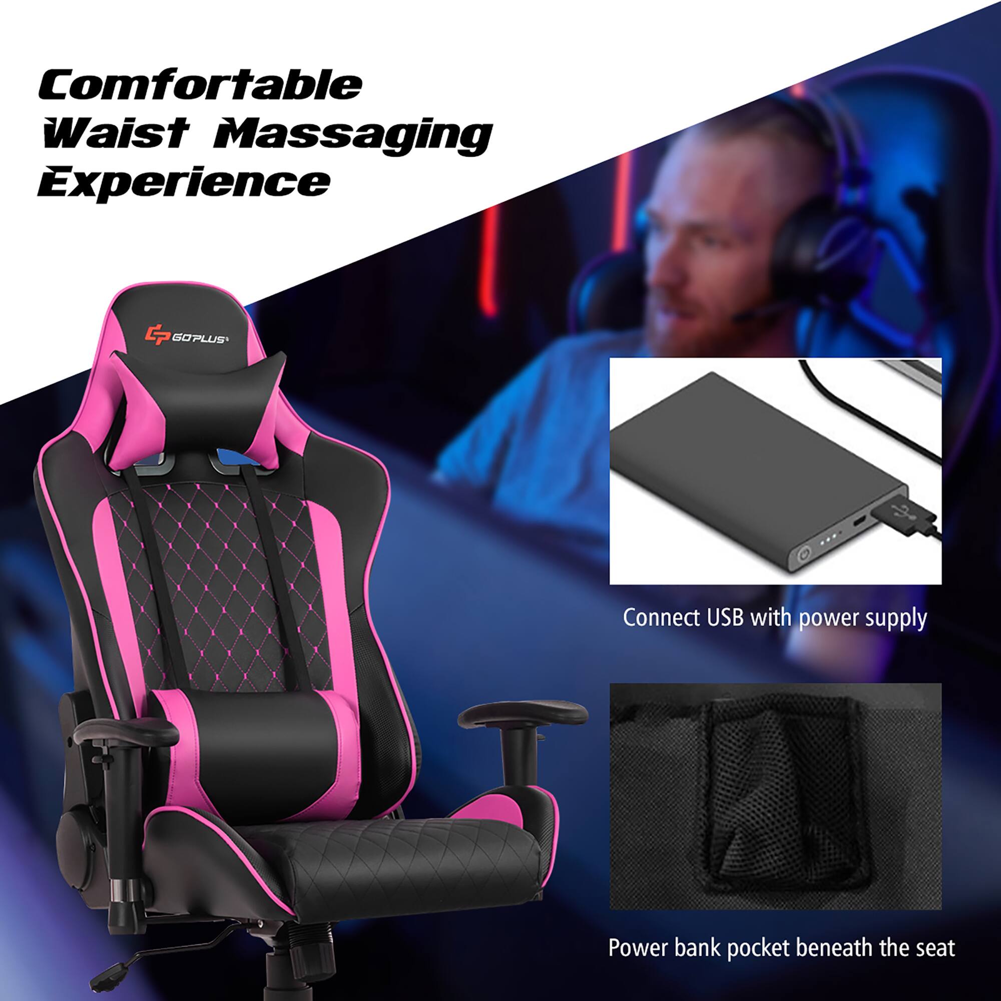 Comfortable Waist Massaging Experience: The image features a comfortable waist massaging experience, likely in a gaming chair, with a man sitting in it. The chair is equipped with a USB connection and power supply, providing a convenient and relaxing experience for the user. Additionally, there is a power bank pocket beneath the seat, offering extra convenience and portability.