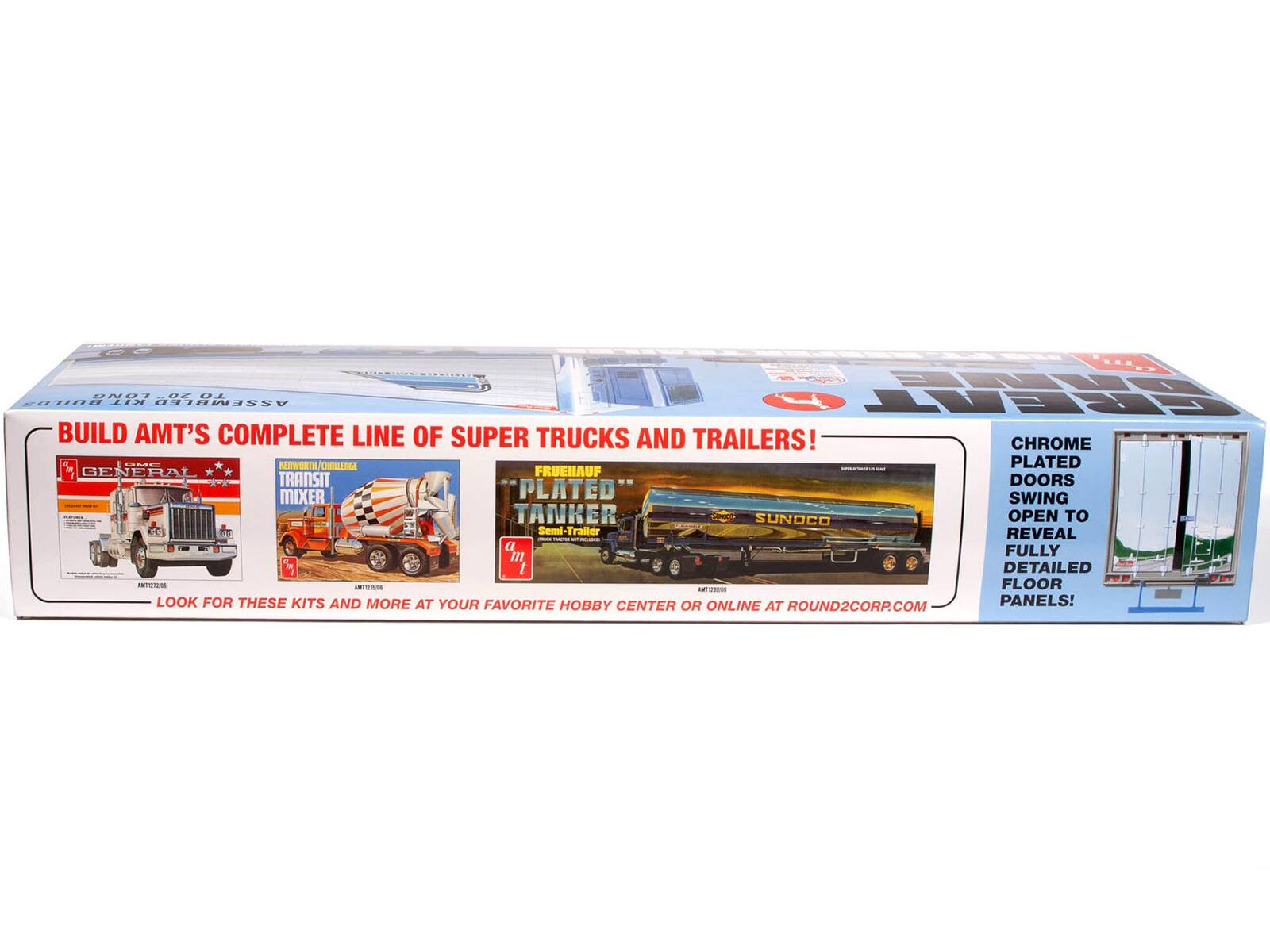 Build AMT's complete line of super trucks and trailers! Chrome plated tanker swing doors open to reveal fully detailed floor panels! Look for these kits and more at your favorite hobby center or online at round2corp.com