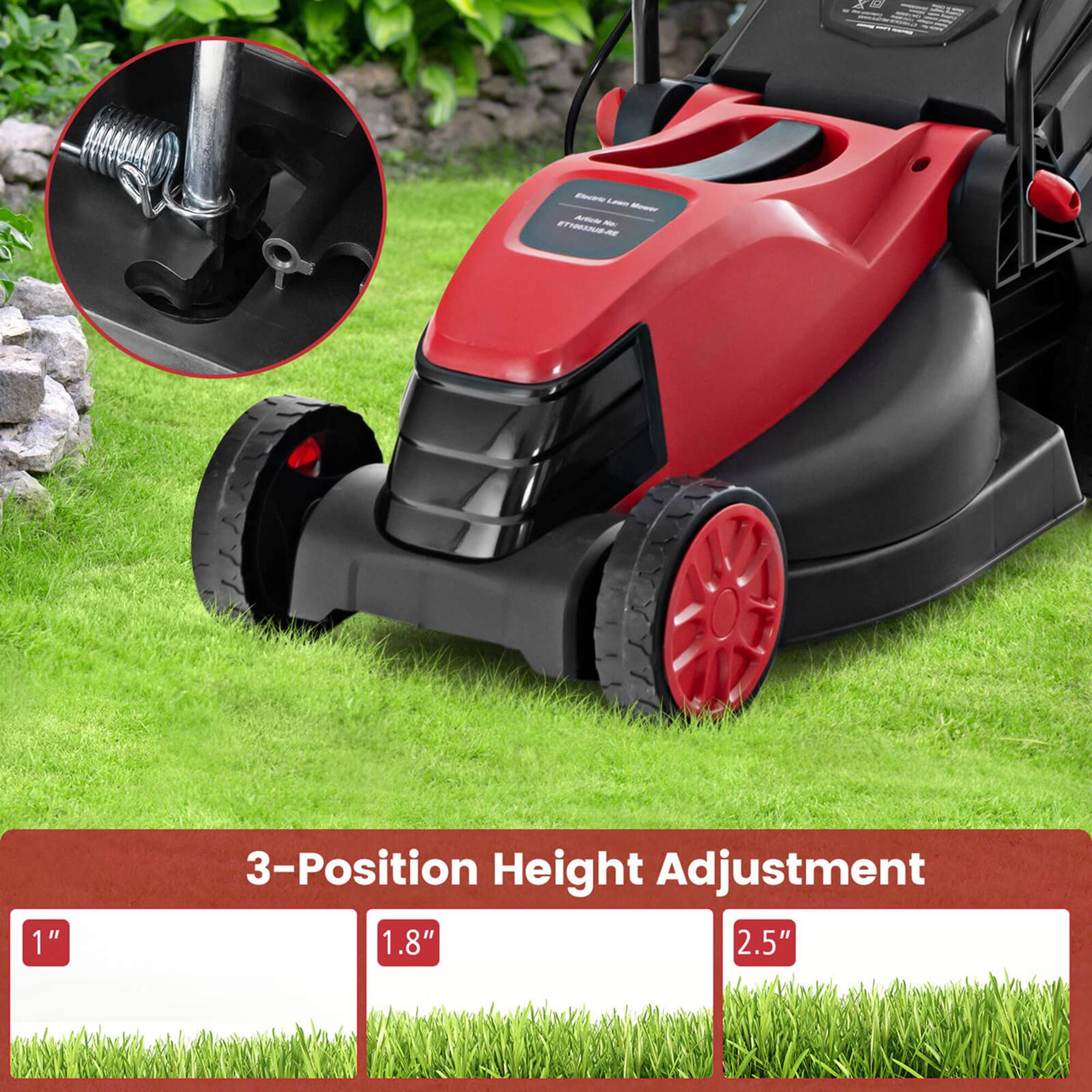The text on the image reads: "3-Position Height Adjustment 1.8" 2.5"". This text describes the feature of the red lawn mower, which allows the user to adjust the height of the mower in three different positions. The height adjustment ranges from 1.8 inches to 2.5 inches, providing flexibility for different types of grass and lawn conditions.