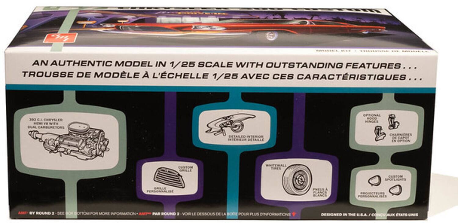 AN AUTHENTIC MODEL IN 1/25 SCALE WITH OUTSTANDING FEATURES...  
TROUSSE DE MODÈLE À L'ÉCHELLE 1/25 AVEC CES CARACTÉRISTIQUES...  

392 C.I. CHRYSLER WITH DUAL CARBURETORS OPTIONAL  
HODOMINGES DÉTAILLÉ INTERIEUR  
CAPO SPOTLIGHTS PERSONNALISÉS  
PNEUS À PLANCHES BLANCS  
PROJECTEURS PERSONNALISÉS  

DESIGNED IN THE U.S.A.  
PAR ROUND 2 VOIR LE DESSOUS DE LA BOITE POUR PLUS D'INFORMATIONS  

SEE BOX BOTTOM FOR MORE INFORMATION  
DESIGNÉ AUX ÉTATS-UNIS