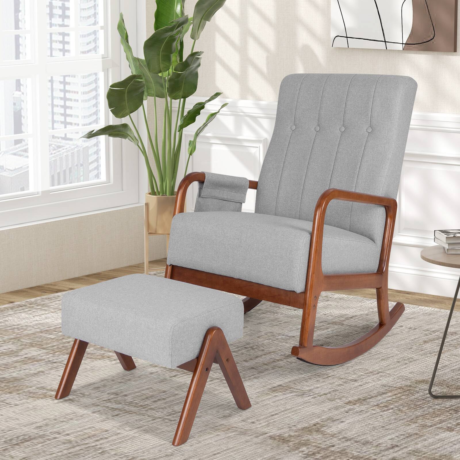 Alt View 8. Ecooso - Rocking Chair with Ottoman, Solid Rubber Wood Frame and Cushioned Seat - Gray.