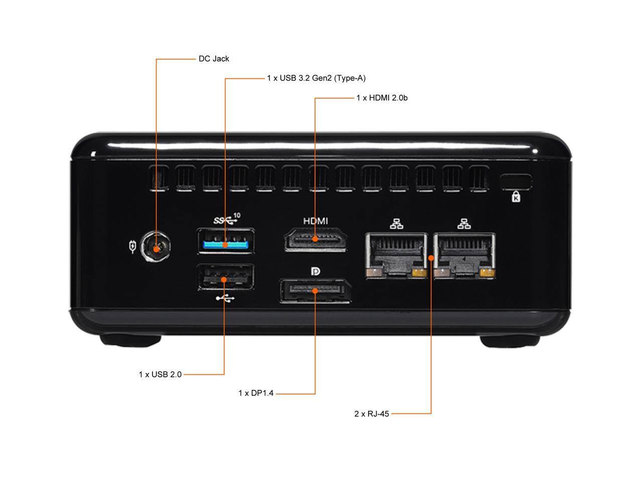 DC Jack  
1 x USB 3.2 Gen2 (Type-A)  
1 x HDMI 2.0b  
1 x USB 2.0  
1 x DP1.4  
2 x RJ-45