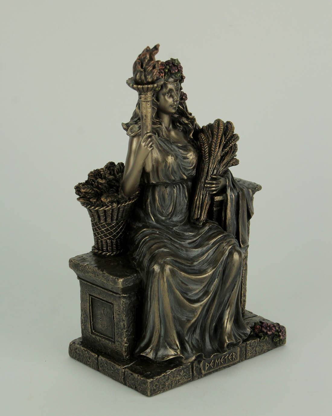 Alt View 1. Veronese Design - Demeter Goddess of the Harvest Sitting On Bench Holding Wheat and Torch Statue - Bronze.