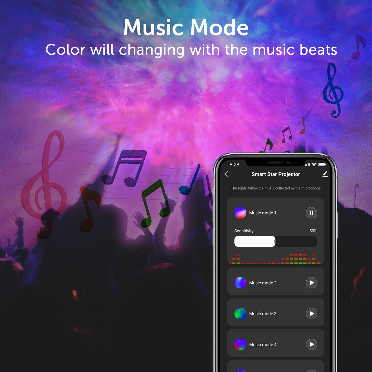 Music Mode, Color will changing with the music beats, 6:28, Smart Star Projector, The lights follow the music collected by the microphone, Music mode 1, Sensitivity 50%, Music mode 2, Music mode 3, Music mode 4
