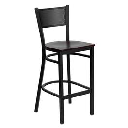 Emma + Oliver - Grid Back Metal Restaurant Dining Barstool - Mahogany Wood Seat/Black Metal Frame