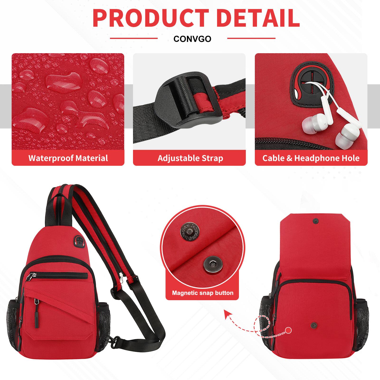 PRODUCT DETAIL  
CONVGO  

- Waterproof Material  
- Adjustable Strap  
- Cable & Headphone Hole  
- Magnetic snap button