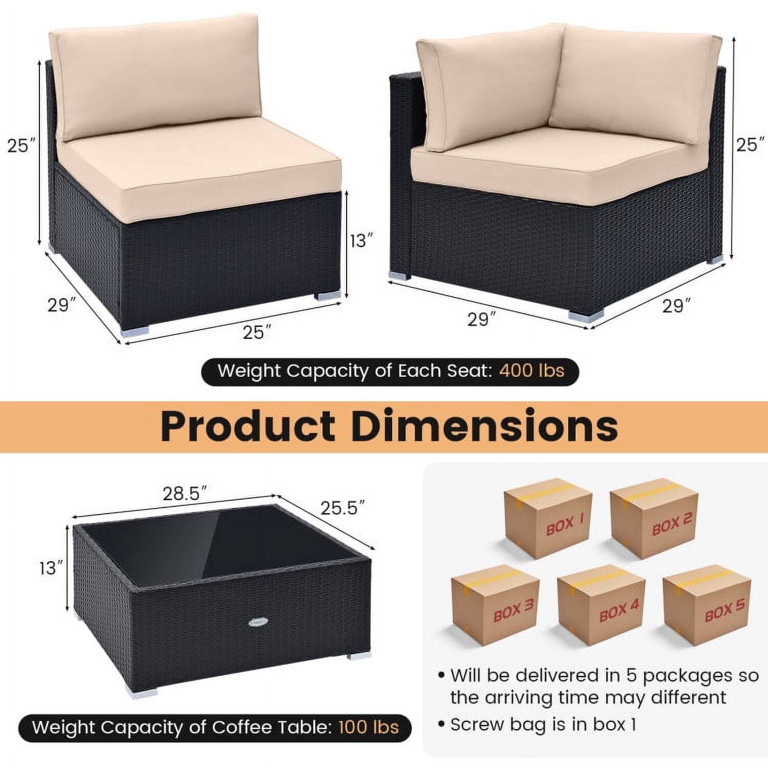 25" 25" 13" 29" 25" 29" 29"  
Weight Capacity of Each Seat: 400 lbs  
Product Dimensions: 28.5" 25.5" 13"  
Weight Capacity of Coffee Table: 100 lbs  
Will be delivered in 5 packages so the arriving time may differ  
Screw bag is in box 1