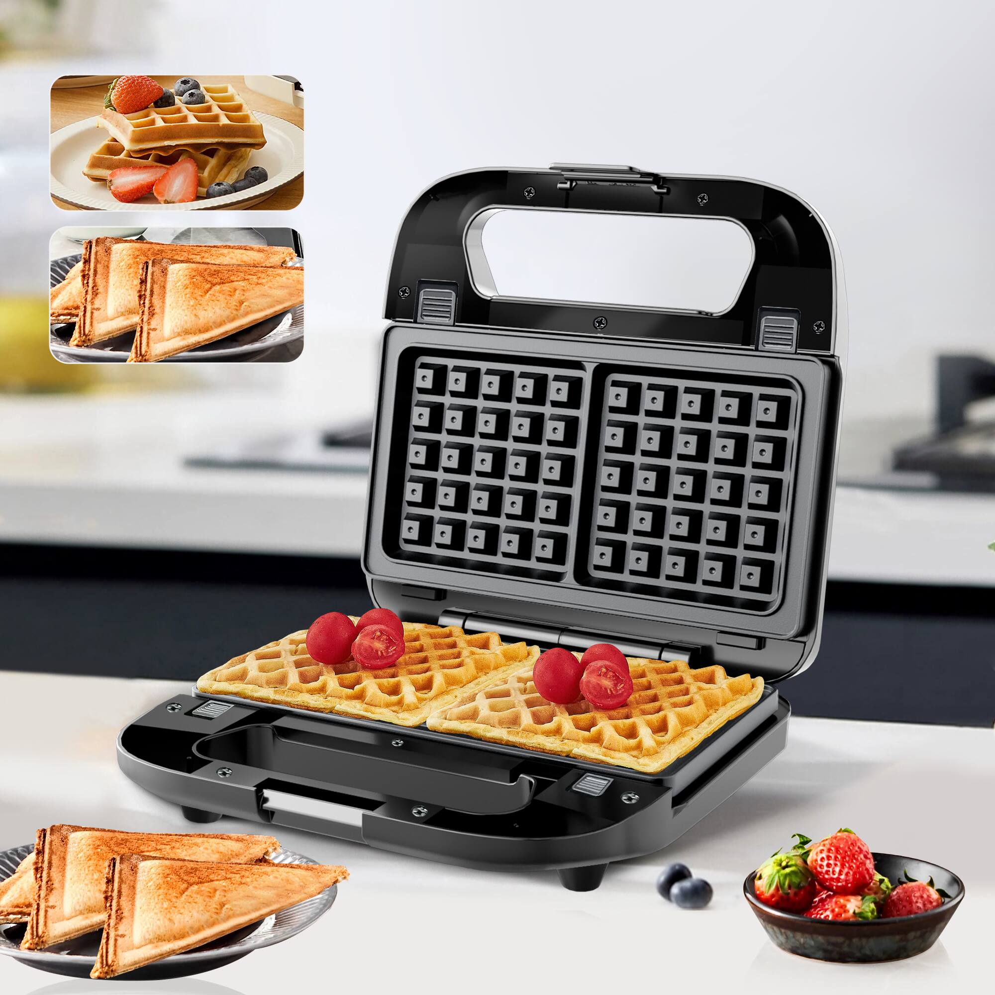 Alt View 6. KEINVE - 2 in 1 Sandwich Maker & Waffle Maker - 750W Panini Press and Grilled Cheese Maker with Removable Non-Stick Plates - Black.